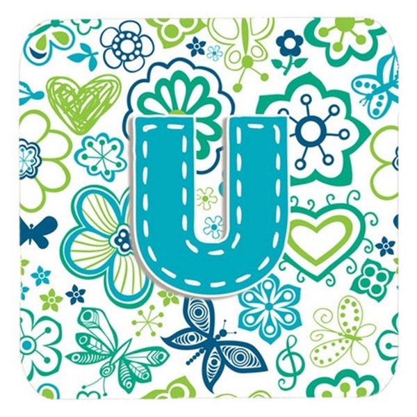 Carolines Treasures Letter U Flowers And Butterflies Teal Blue Foam Coasters- Set of 4 CJ2006-UFC